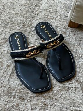 Tory Burch Black Leather Thong Sandals with Gold Chain Trim